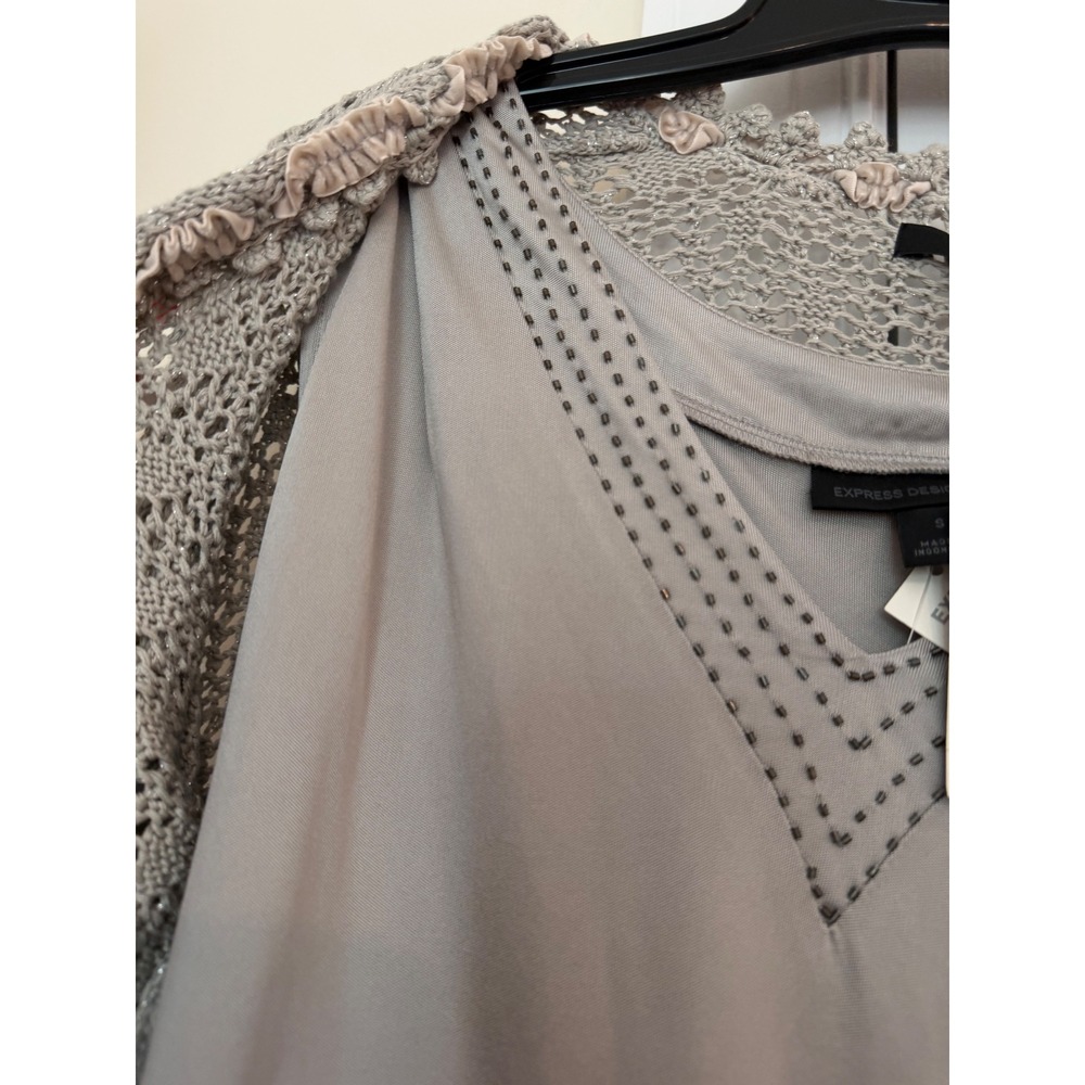 Express Womens Silver Metallic Pointelle Knit Cardigan Ruffle Velvet Trim Large - Picture 7 of 7